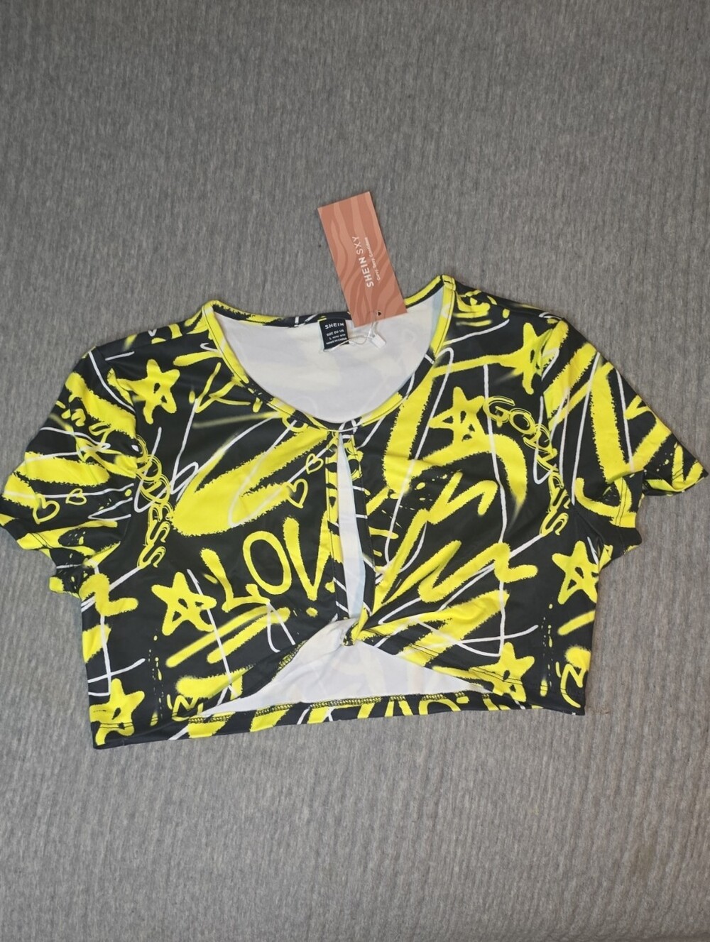 SHEIN Black and Yellow Twist-Front Graphic Crop Top